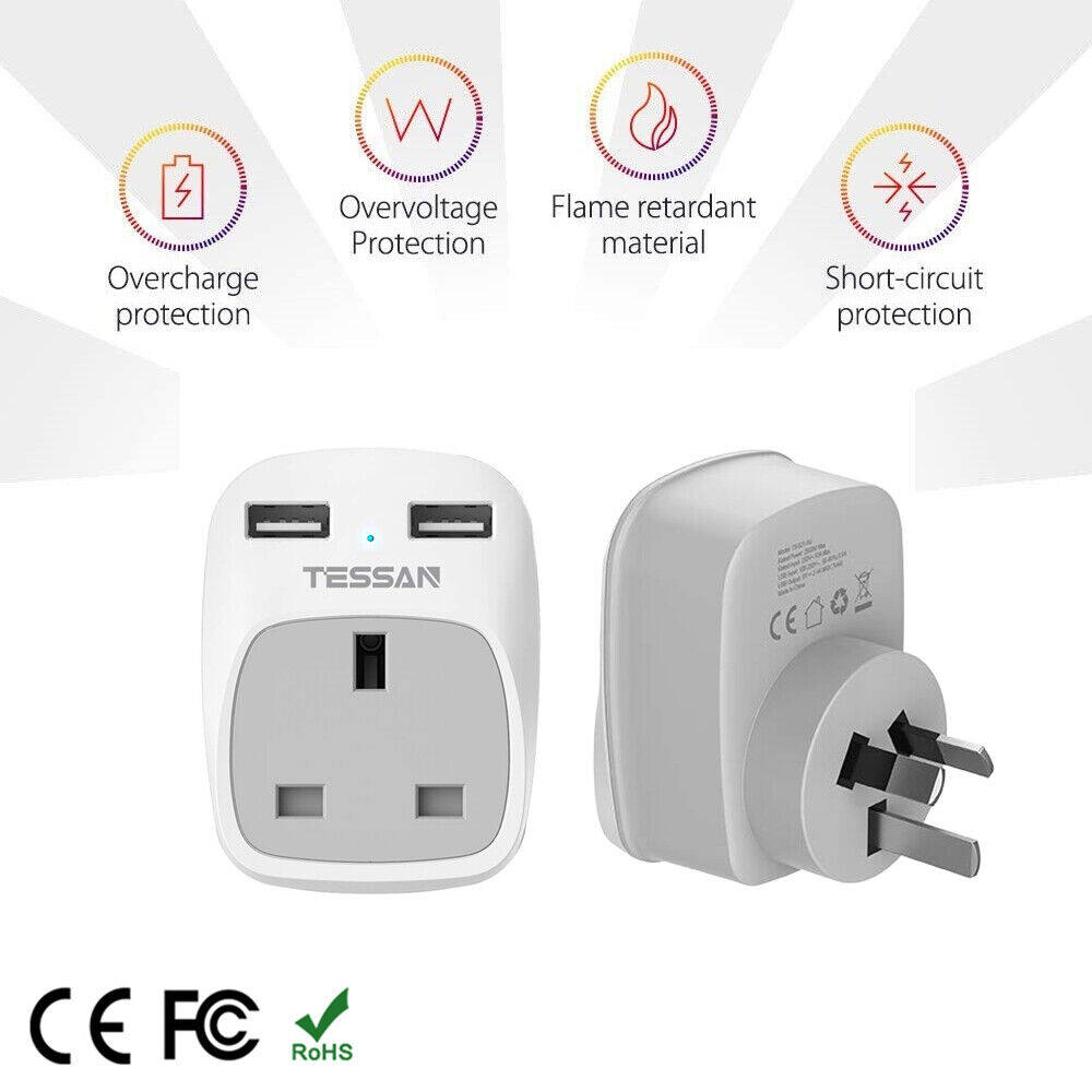 TESSAN 3 in 1 Power Socket for Singapore to Australian New Zealand Fiji Argentina and more (Type I), Australia China Plug Travel Adaptor AU Outlet Travel Adapter with 2 USB Ports-3 Pin AU Plug Austral