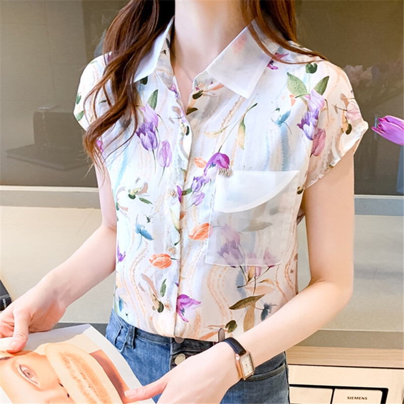 Casual Shirt Women Korean Style Plus Size Loose Top Chiffon Short Sleeve Floral Blouse Summer Shirts