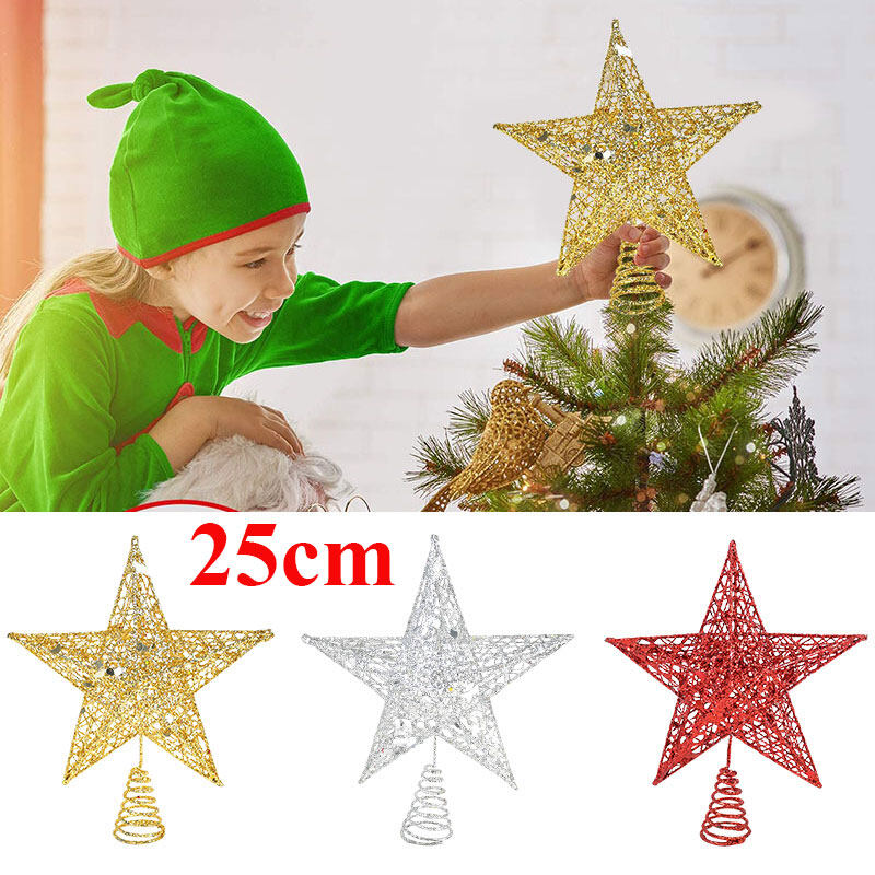 25cm Big Christmas Five-pointed Star Gold Sliver Glitter Christmas Tree Top Star Decorations For Home Exquisite Iron Art Ornament Xmas Party New Year Decor