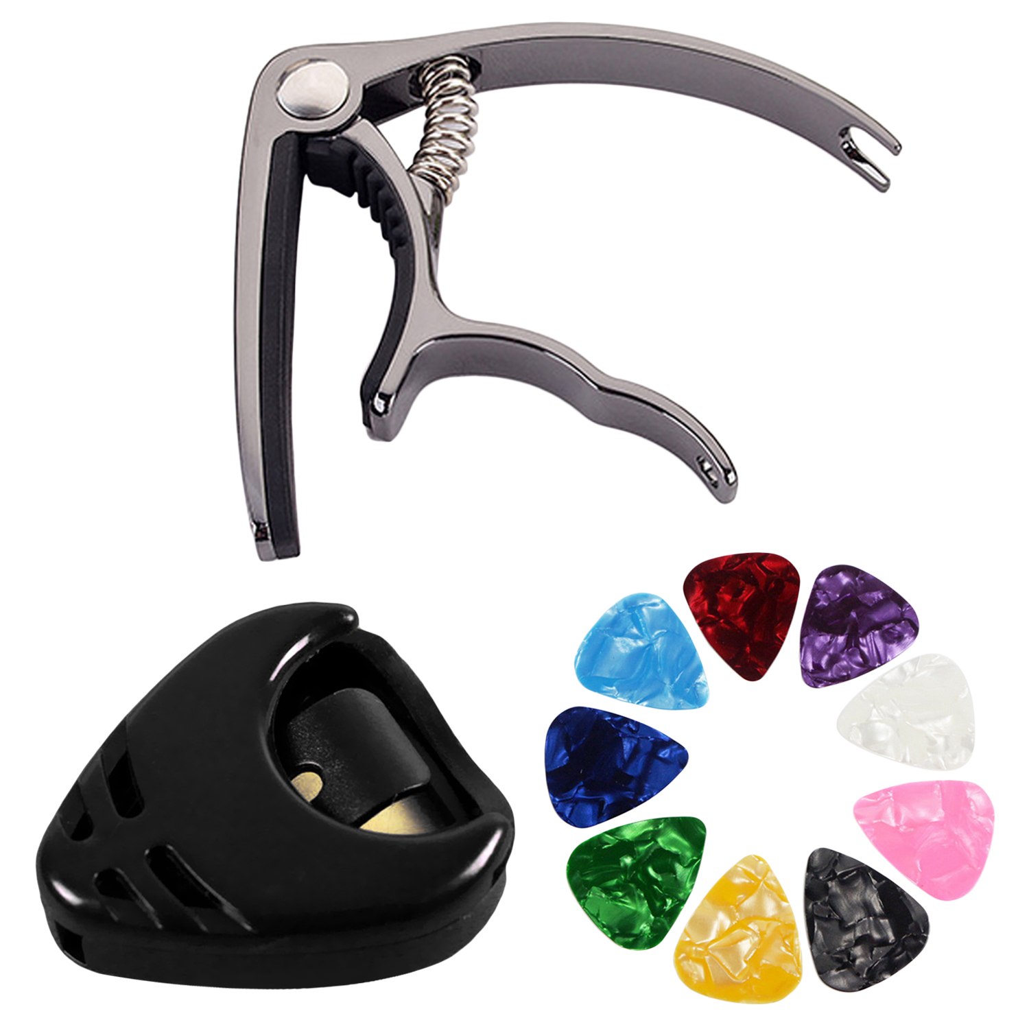 【Fulfilled by Lazada】Elek Universal Black Stainless Steel Metal Trigger Capo with 9pcs Picks for Acoustic Instruments Electric Guitar Bass Ukulele