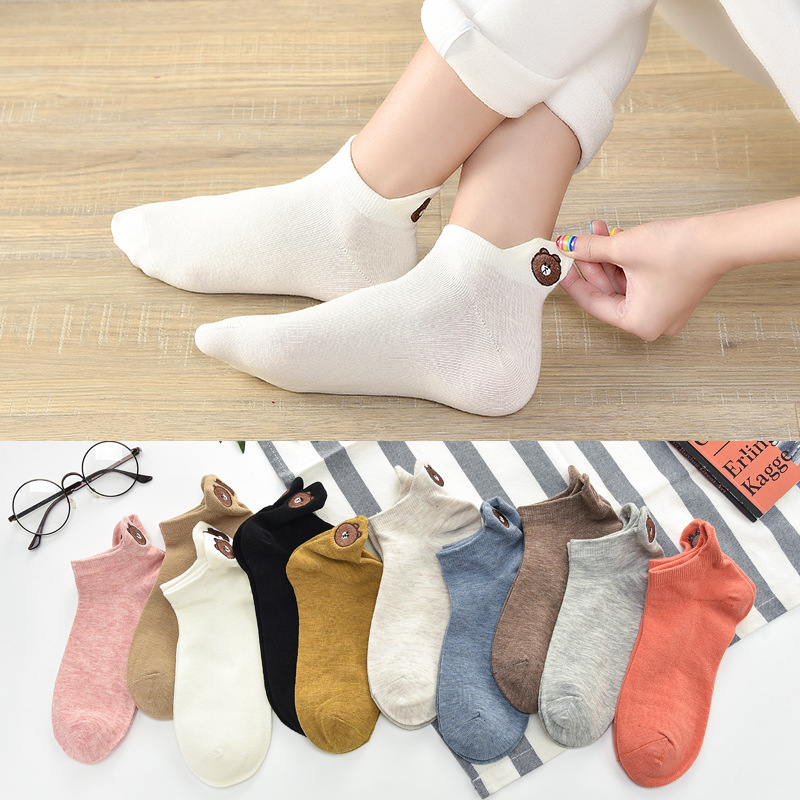 (10 pairs)Woman Cute Embroidered Cartoon Bear Cotton Socks Kawaii Candy Color Breathable Comfortable Boat Socks Female Casual Sock Ladies Ankle Socks