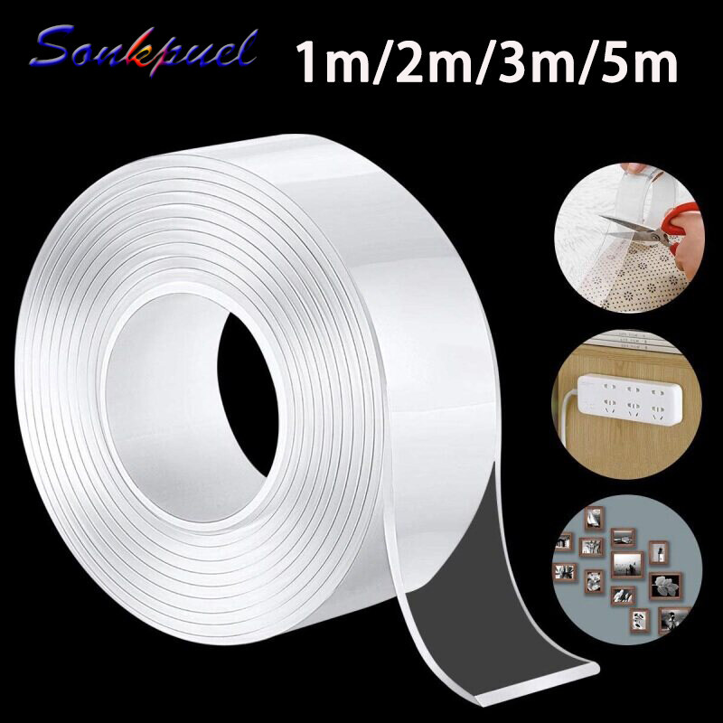 Sonkpuel 5m DIY 3cm/2cm Width 1mm Thickness Double Sided Transparent Sticky Tape Magic Tape Traceless Washable Adhesive Double Sided Reusable Clear Sticky Power Tape