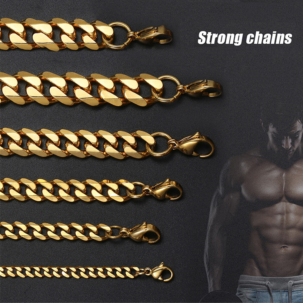 QIANHUAHOU 3/4/5/7/9/MM Fashion Gold Silver Cool Punk Gothic Metal Collar Cuban Chain Stainless Steel Necklace Heavy Link