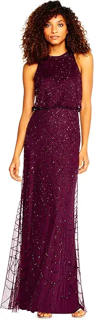 Adrianna Papell Womens Halter Blouson Beaded Gown