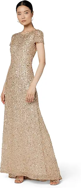 Adrianna Papell Womens Short-Sleeve All Over Sequin Gown