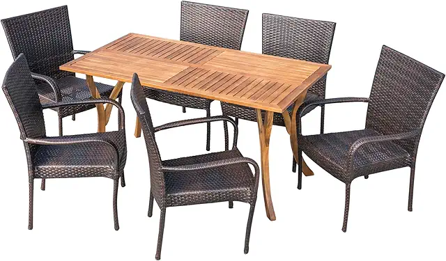 Yolanda Outdoor 7-Piece Acacia Wood/Wicker Dining Set | with Teak Finish | in Multibrown
