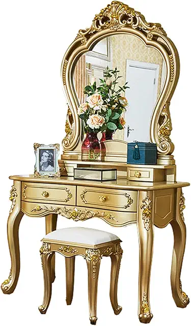 Vanity Table Set with Large Mirror, Luxury European Style Makeup Desk with 2 Drawers and Stool, Dressing Table for Bedroom