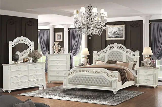 First of a Kind Cosmos Furniture Marya White King Size Bedroom Set - 4 Piece Set with Bed, White Dresser