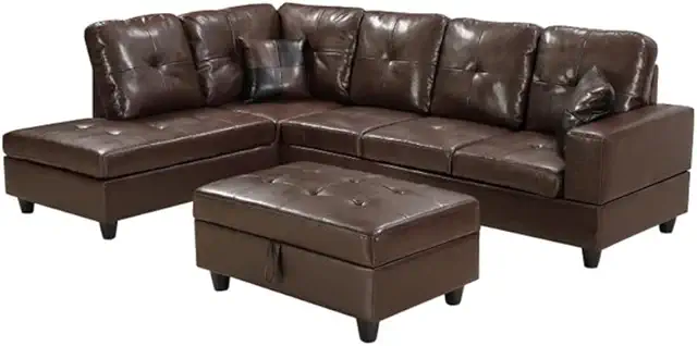 3 PC Sectional Sofa Set, (Brown) Faux Leather Right -Facing Chaise with Storage Ottoman