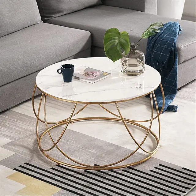 Nordic Minimalist Slate Living Room Coffee Table Modern Small Round Iron End Side Table Gold Mirror Marble Bedside Table